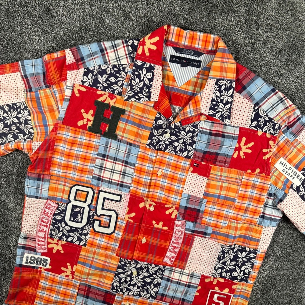 Tommy Hilfiger Shirt Mens L Patchwork Multicolor Button Down 85 Staff Preppy